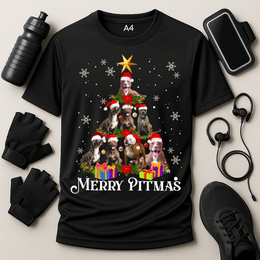Merry Pitmas Pitbull Dog Ugly Christmas Sweater Tree Dogs Cute Gift Cooling Performance Crew T-Shirt
