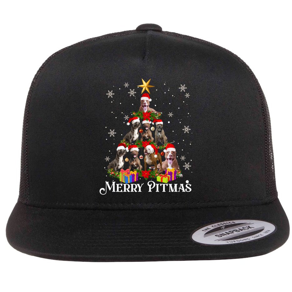 Merry Pitmas Pitbull Dog Ugly Christmas Sweater Tree Dogs Cute Gift Flat Bill Trucker Hat