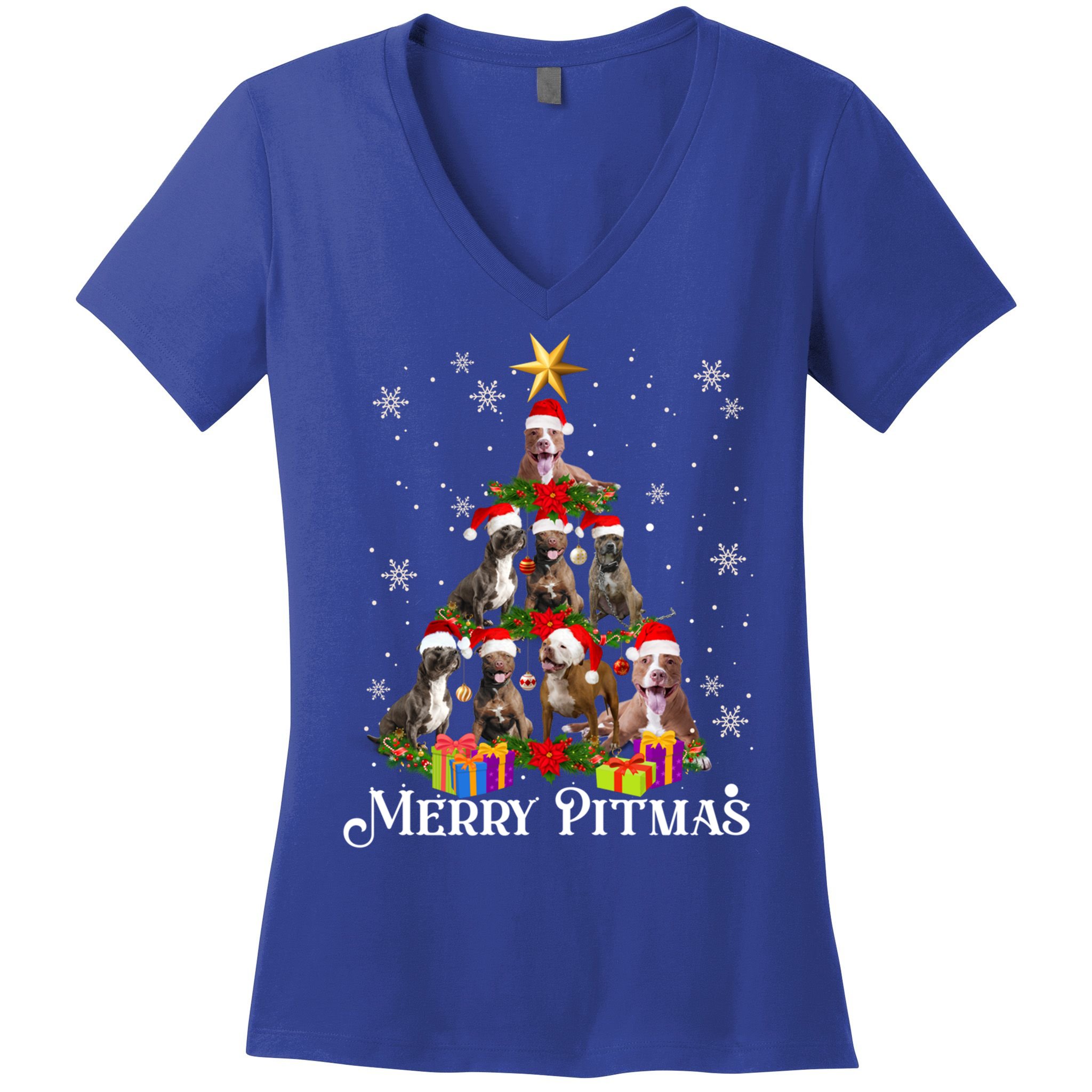 Merry Pitmas Pitbull Dog Ugly Christmas Sweater Tree Dogs Cute Gift Women's V-Neck T-Shirt