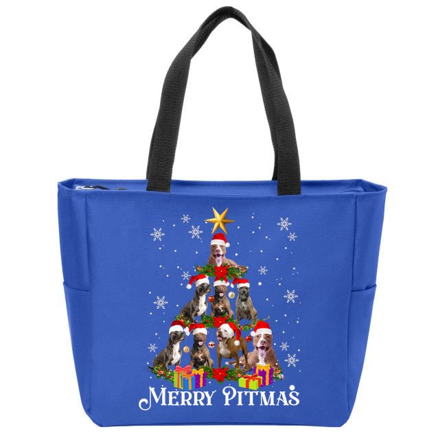 Merry Pitmas Pitbull Dog Ugly Christmas Sweater Tree Dogs Cute Gift Zip Tote Bag