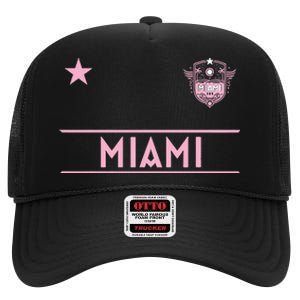 Miami Pink Palm Designer Badge High Crown Mesh Back Trucker Hat