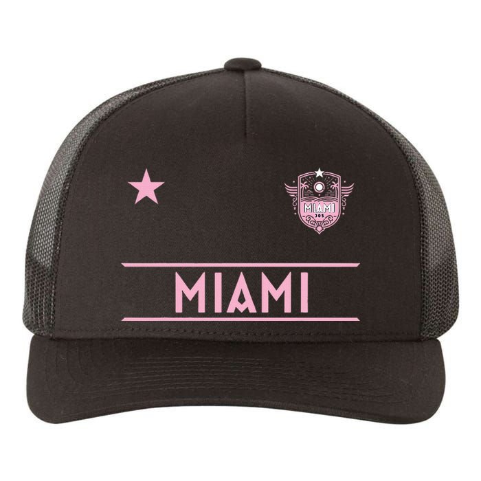 Miami Pink Palm Designer Badge Yupoong Adult 5-Panel Trucker Hat