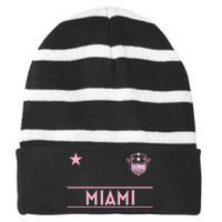 Miami Pink Palm Designer Badge Striped Beanie with Solid Band