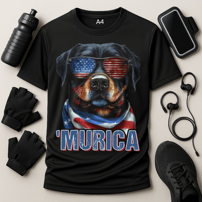 Murica Patriotic Rottweiler 4th Of July Dog Cooling Performance Crew T-Shirt