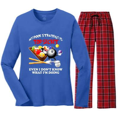 My Pool Strategy Is To Secret Billiards Pool Players Gift Funny Billiards Women's Long Sleeve Flannel Pajama Set 