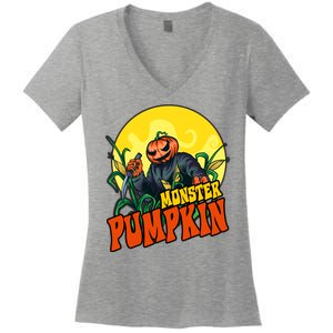 Monster Pumpkin Spooky Halloween Women's V-Neck T-Shirt