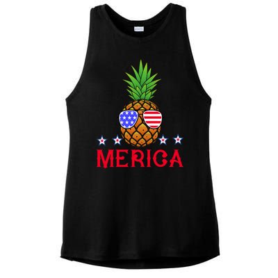 Merica Pineapple Shade Stars And Stripes Funny 4th Of July USA Ladies PosiCharge Tri-Blend Wicking Tank