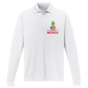 Merica Pineapple Shade Stars And Stripes Funny 4th Of July USA Performance Long Sleeve Polo