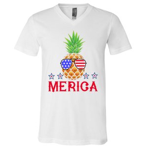 Merica Pineapple Shade Stars And Stripes Funny 4th Of July USA V-Neck T-Shirt