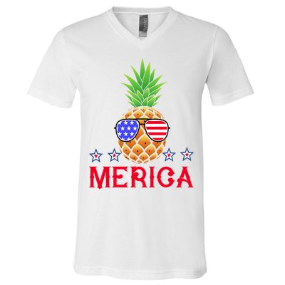 Merica Pineapple Shade Stars And Stripes Funny 4th Of July USA V-Neck T-Shirt