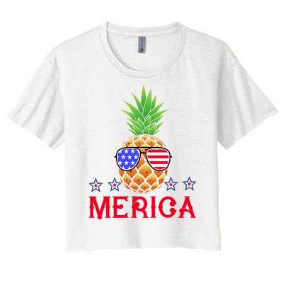 Merica Pineapple Shade Stars And Stripes Funny 4th Of July USA Women's Crop Top Tee