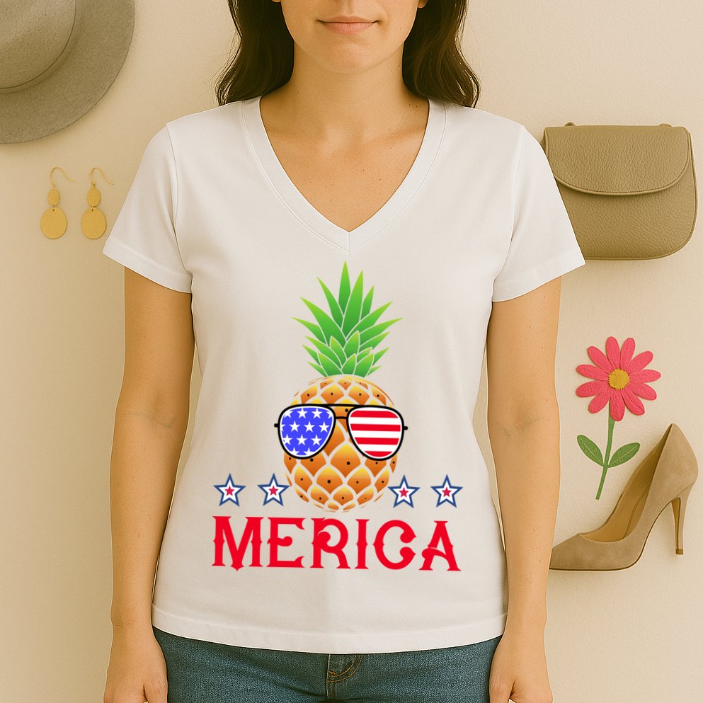 Merica Pineapple Shade Stars And Stripes Funny 4th Of July USA Women's V-Neck T-Shirt