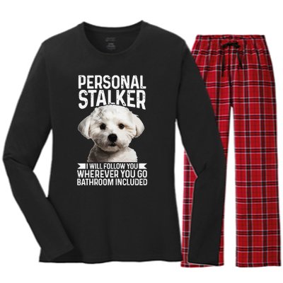 Maltese Personal Stalker Funny Cute Dog Maltese Mom Women's Long Sleeve Flannel Pajama Set 