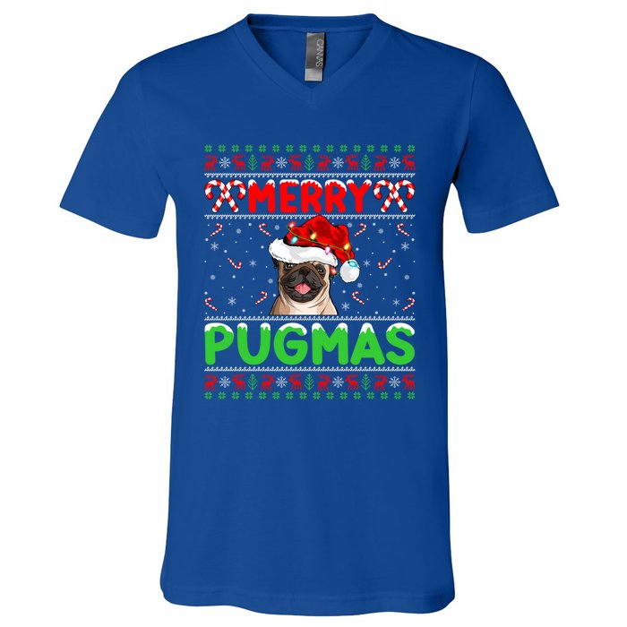 Merry Pugmas Santa Pug Dog Xmas Lighting Ugly Pug Christmas Meaningful Gift V-Neck T-Shirt