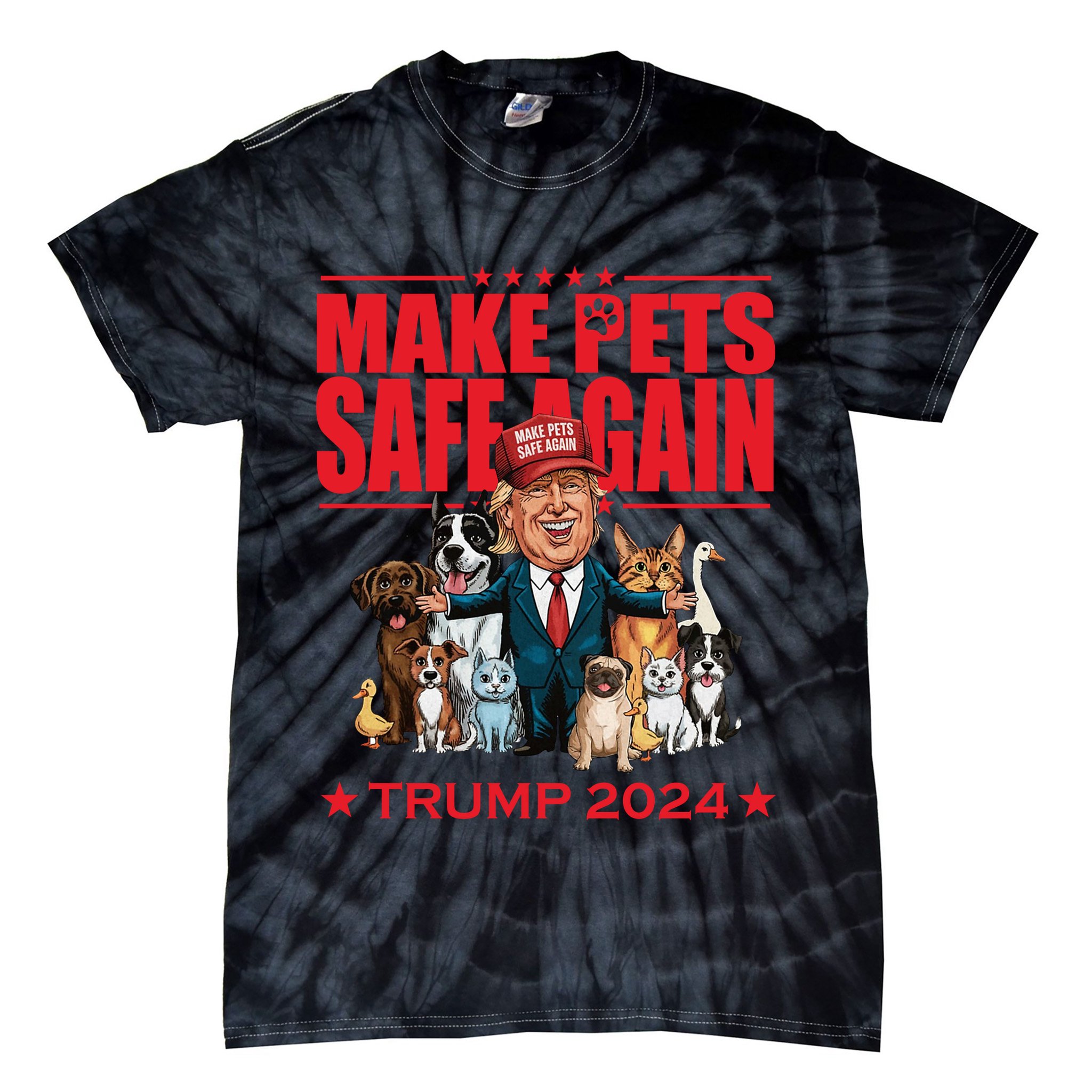 Make Pets Safe Again Trump 2024 Funny Cartoon Tie-Dye T-Shirt