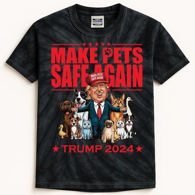 Make Pets Safe Again Trump 2024 Funny Cartoon Kids Tie-Dye T-Shirt