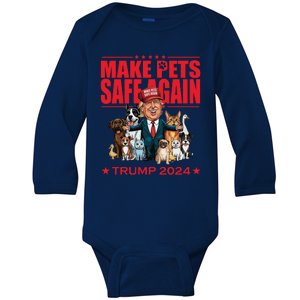 Make Pets Safe Again Trump 2024 Funny Cartoon Baby Long Sleeve Bodysuit