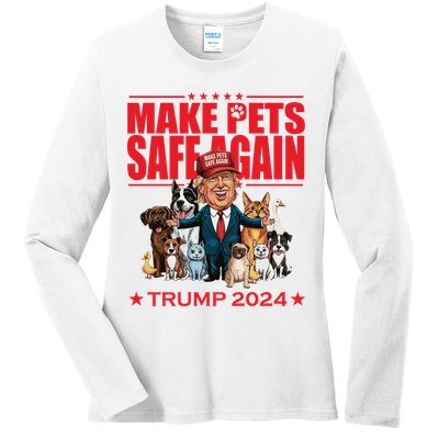 Make Pets Safe Again Trump 2024 Funny Cartoon Ladies Long Sleeve Shirt