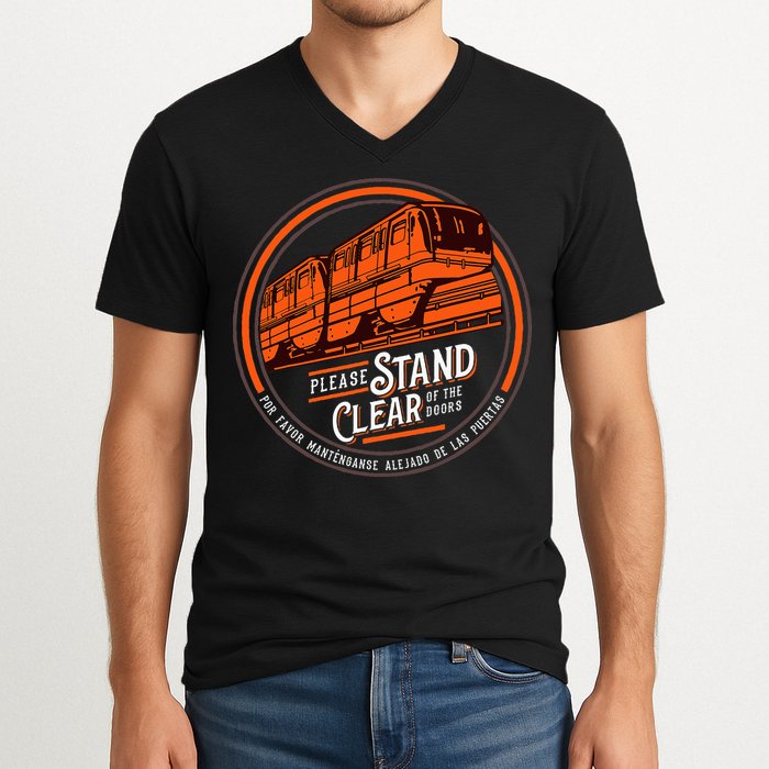 Monorail Please Stand Clear Of The D.O.O.R.S English Spanish V-Neck T-Shirt