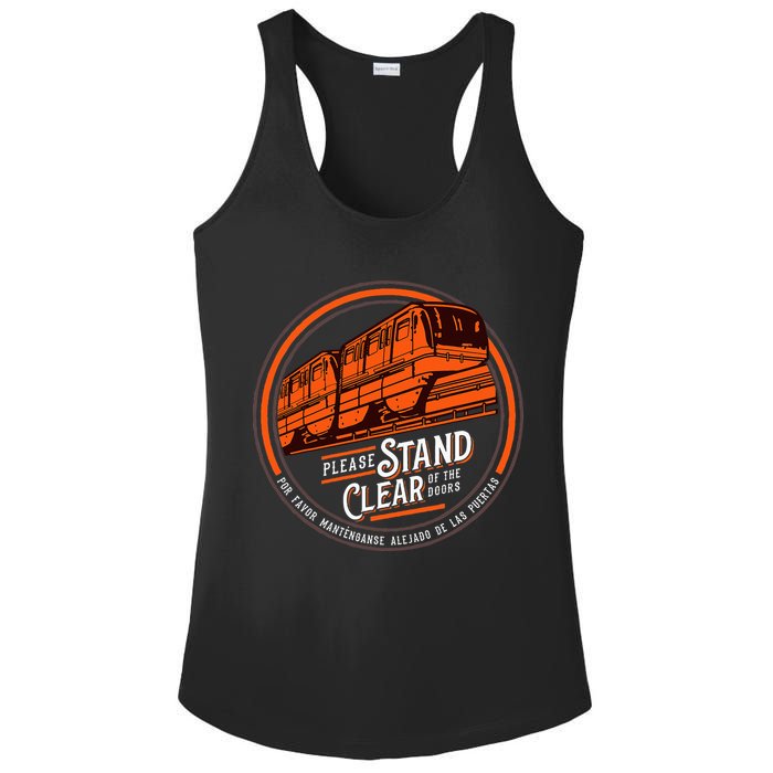 Monorail Please Stand Clear Of The D.O.O.R.S English Spanish Ladies PosiCharge Competitor Racerback Tank
