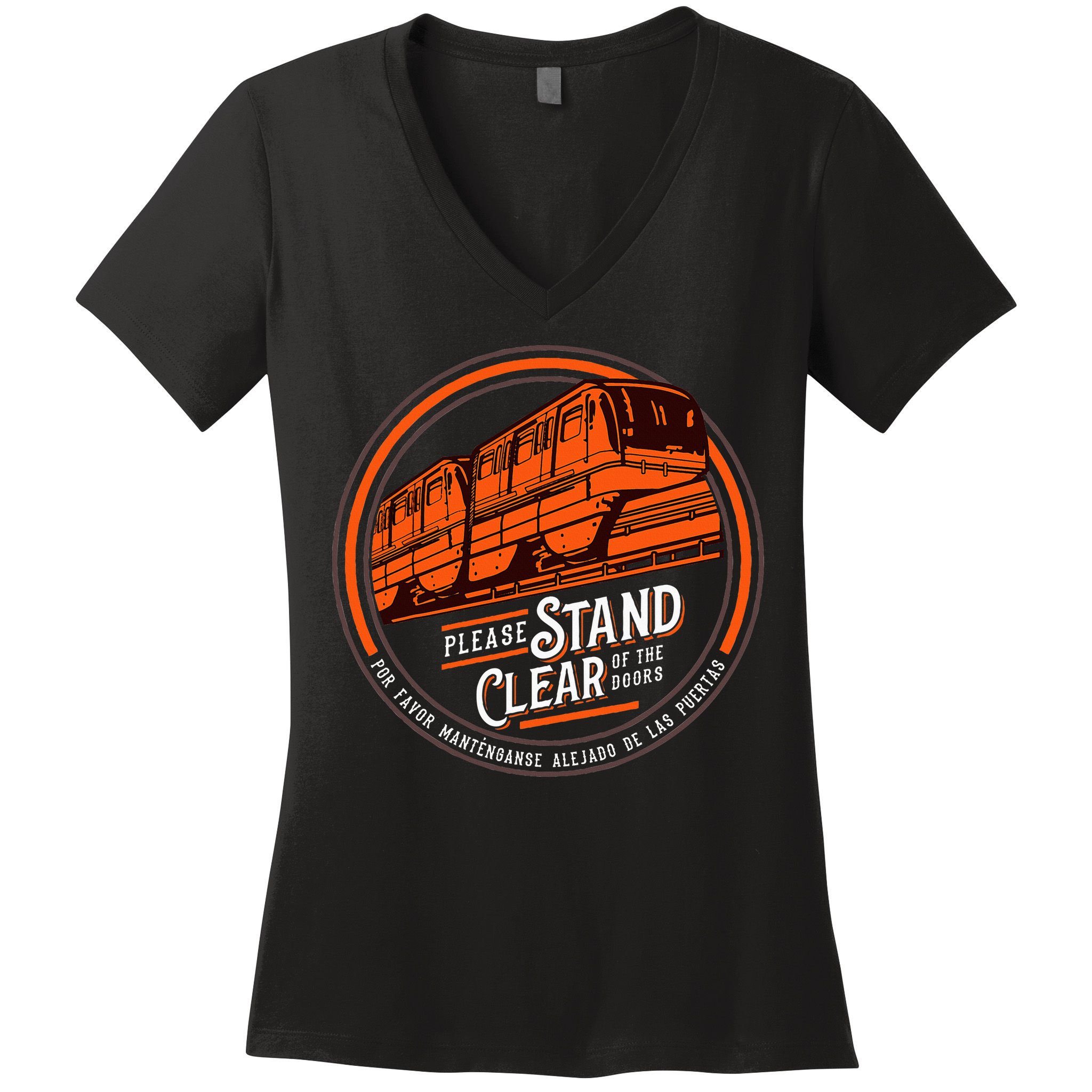 Monorail Please Stand Clear Of The D.O.O.R.S English Spanish Women's V-Neck T-Shirt