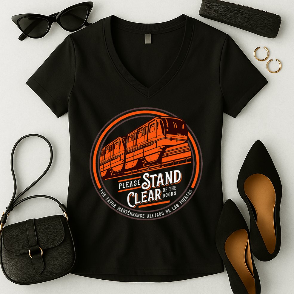 Monorail Please Stand Clear Of The D.O.O.R.S English Spanish Women's V-Neck T-Shirt