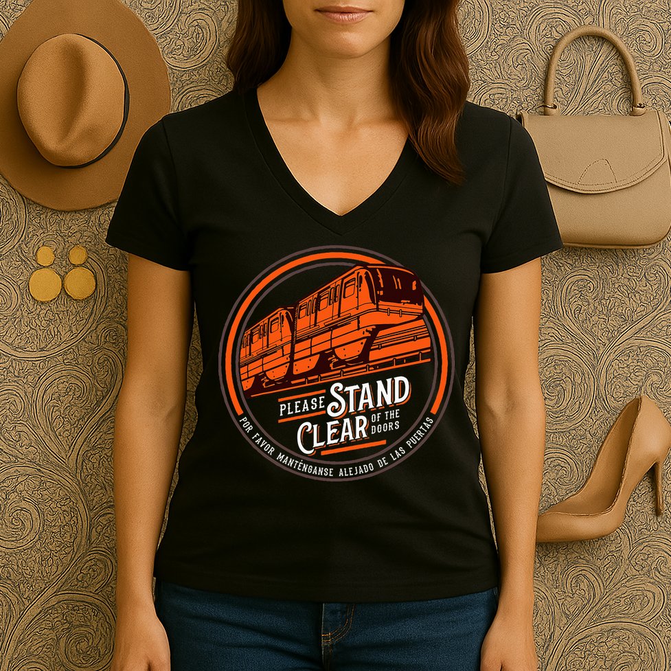 Monorail Please Stand Clear Of The D.O.O.R.S English Spanish Women's V-Neck T-Shirt