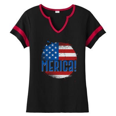 Merica Paint Splatter American USA Flag Ladies Halftime Notch Neck Tee