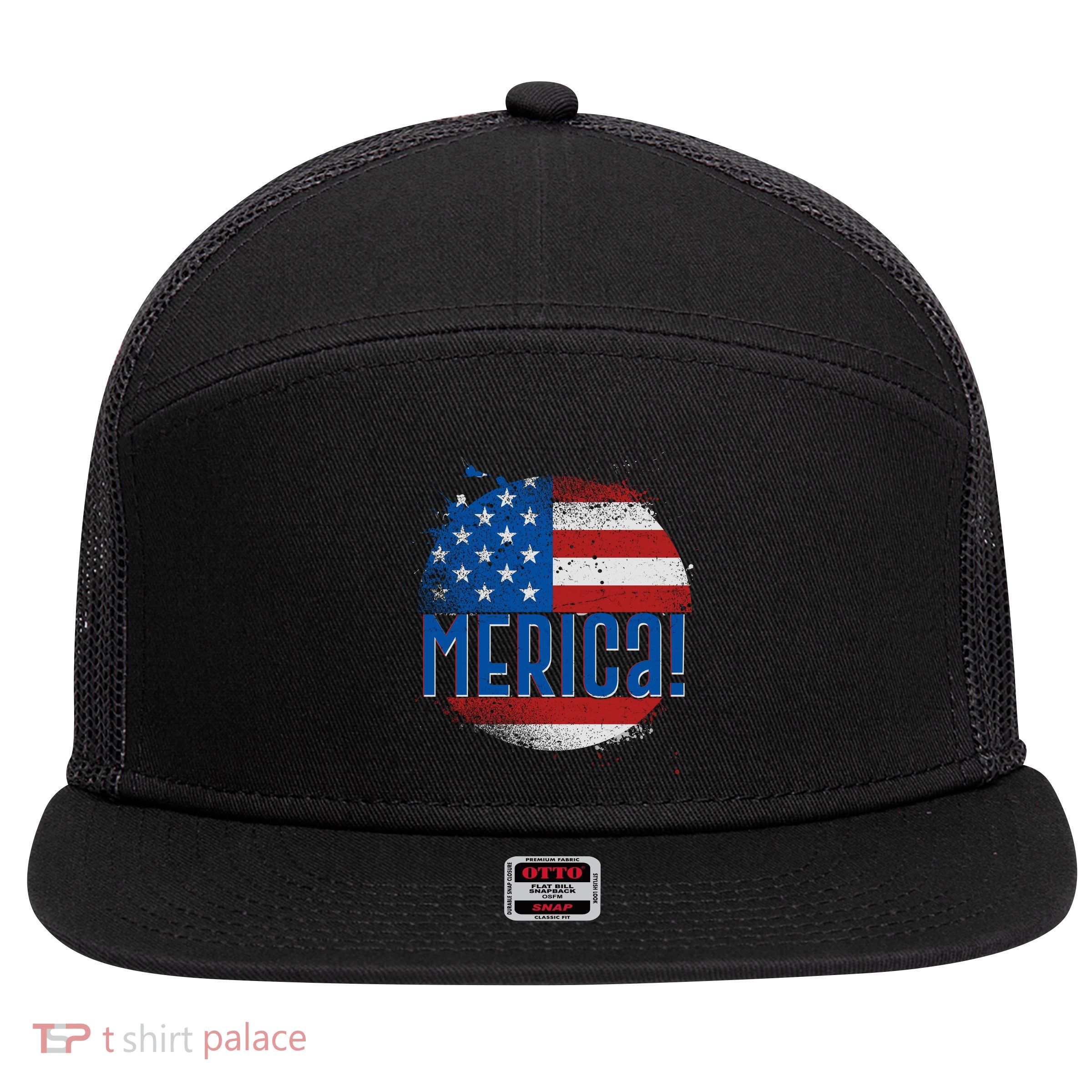 Merica Paint Splatter American USA Flag 7 Panel Mesh Trucker Snapback Hat