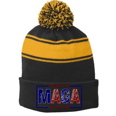 Maga Pocket Size Print Front And Back Stripe Pom Pom Beanie