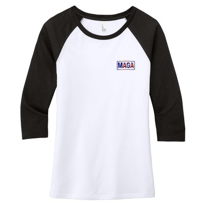 Maga Pocket Size Print Front And Back Women's Tri-Blend 3/4-Sleeve Raglan Shirt