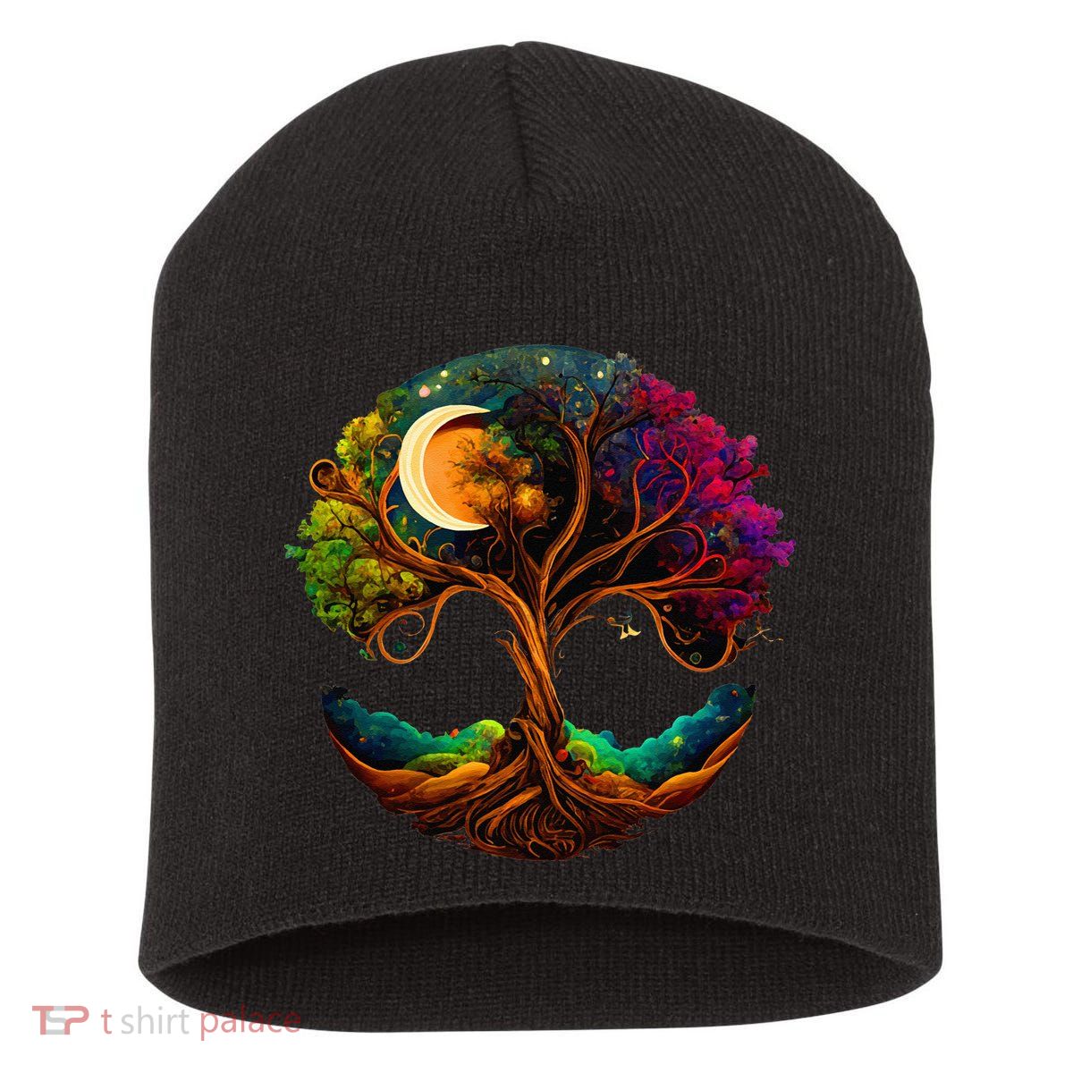 Moon Phases Tree Of Life Short Acrylic Beanie