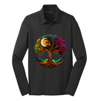 Moon Phases Tree Of Life Silk Touch Performance Long Sleeve Polo