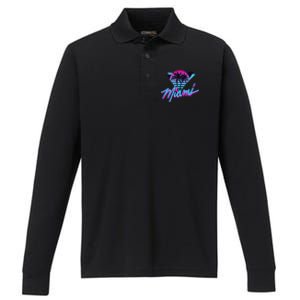 Miami Palm Trees Vaperwave Synthwave 80s Style Retro Performance Long Sleeve Polo