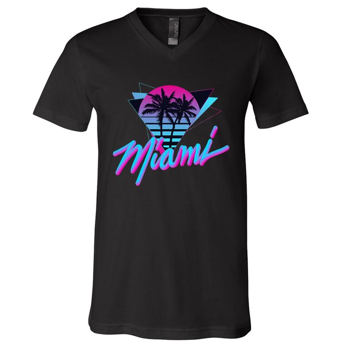 Miami Palm Trees Vaperwave Synthwave 80s Style Retro V-Neck T-Shirt