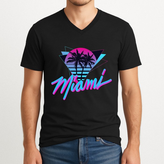 Miami Palm Trees Vaperwave Synthwave 80s Style Retro V-Neck T-Shirt