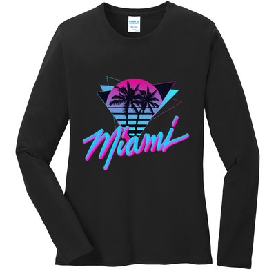 Miami Palm Trees Vaperwave Synthwave 80s Style Retro Ladies Long Sleeve Shirt