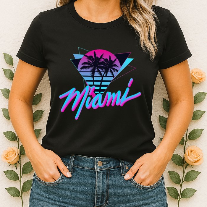 Miami Palm Trees Vaperwave Synthwave 80s Style Retro Womens T-Shirt