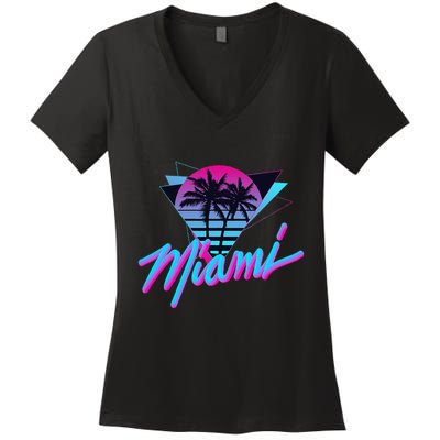 Miami Palm Trees Vaperwave Synthwave 80s Style Retro Women's V-Neck T-Shirt