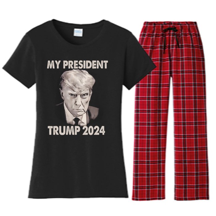 My President Trump 2024 Mug Shot Trump Funny President 2024 Women's Flannel Pajama Set