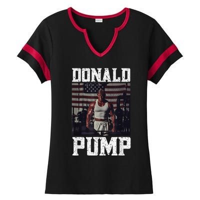 Muscular President Trump Lifting Weights Swole Donald Pump Ladies Halftime Notch Neck Tee