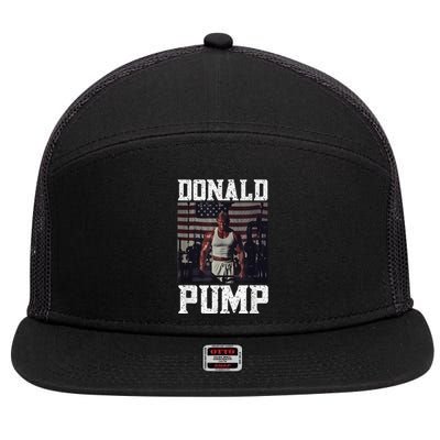 Muscular President Trump Lifting Weights Swole Donald Pump 7 Panel Mesh Trucker Snapback Hat