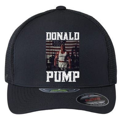 Muscular President Trump Lifting Weights Swole Donald Pump Flexfit Unipanel Trucker Cap