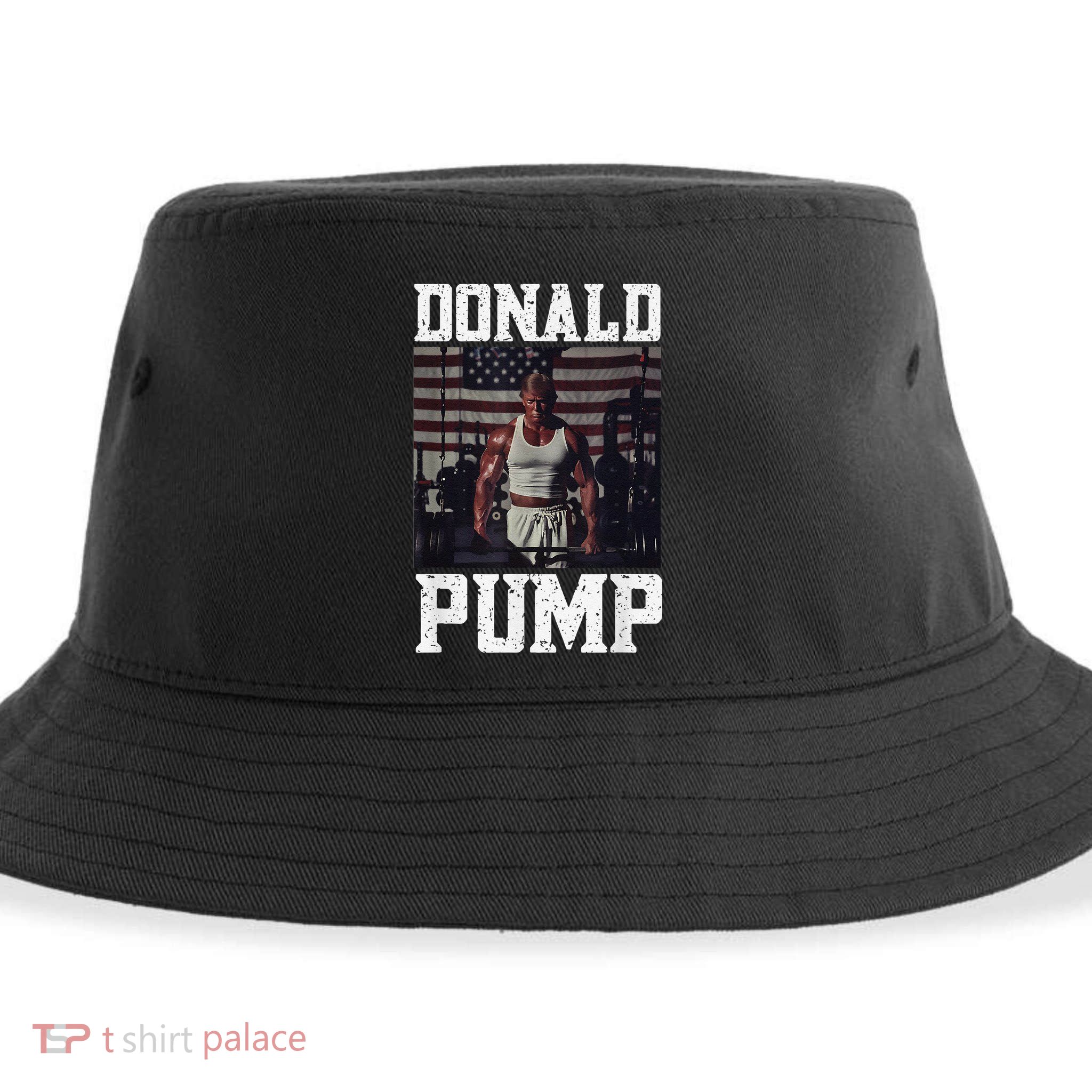 Muscular President Trump Lifting Weights Swole Donald Pump Sustainable Bucket Hat
