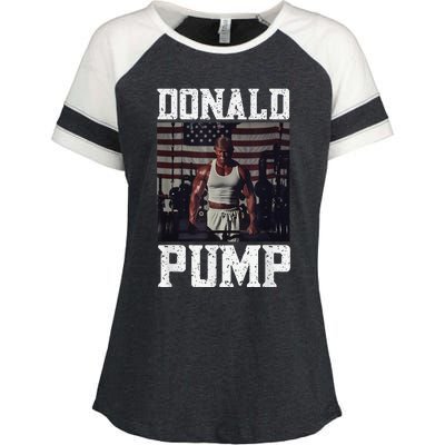 Muscular President Trump Lifting Weights Swole Donald Pump Enza Ladies Jersey Colorblock Tee