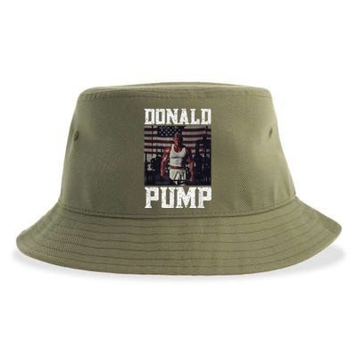 Muscular President Trump Lifting Weights Swole Donald Pump Sustainable Bucket Hat