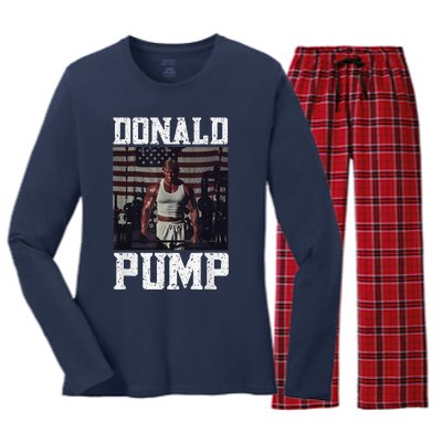 Muscular President Trump Lifting Weights Swole Donald Pump Women's Long Sleeve Flannel Pajama Set 