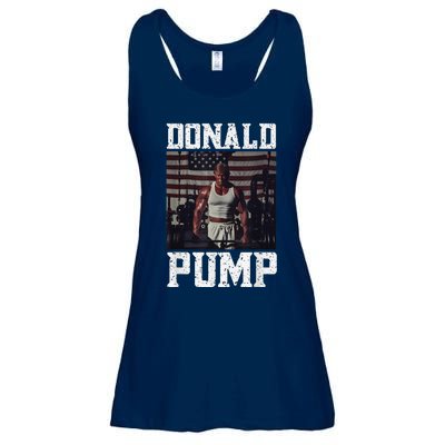 Muscular President Trump Lifting Weights Swole Donald Pump Ladies Essential Flowy Tank