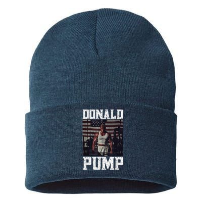 Muscular President Trump Lifting Weights Swole Donald Pump Sustainable Knit Beanie