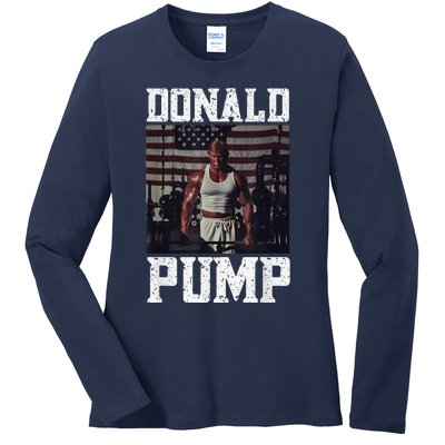 Muscular President Trump Lifting Weights Swole Donald Pump Ladies Long Sleeve Shirt